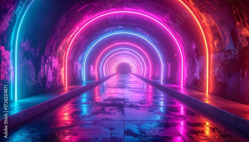Fototapeta Naklejka Na Ścianę i Meble -  A vibrant neon tunnel with concentric arches of glowing pink and blue lights creates a futuristic and captivating ambiance.