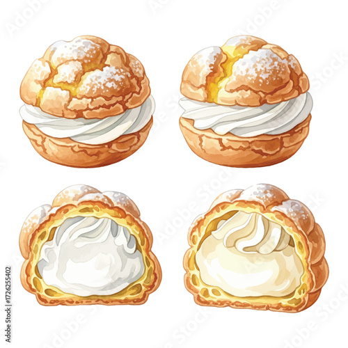 Watercolor Profiteroles Cream Puffs Vector Illustration Isolated on White Background, French Pastry Dessert Clipart for Bakery and Patisserie Design
