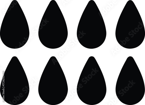 Raindrop Silhouette Set - Black Water Droplet Vector Icons Collection. Black Raindrop Silhouettes Vector Set - Water Drop Symbols