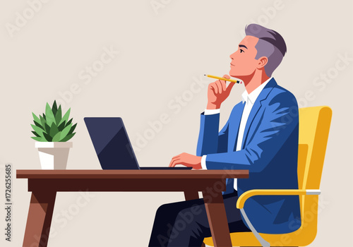 A stylish professional in a blue suit sits thoughtfully at his desk, holding a pencil to his chin as he brainstorms his next project. Vector Illustrator.