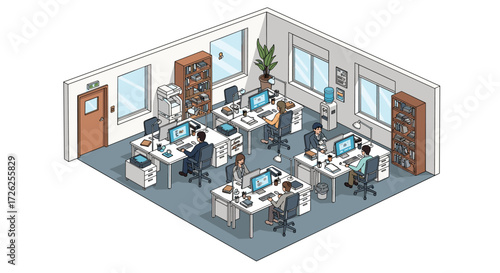 An isometric view of a modern office space filled with employees working diligently at their computers in a well-lit and organized environment.