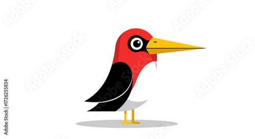 A simple red headed bird with a long yellow beak stands on two thin legs.