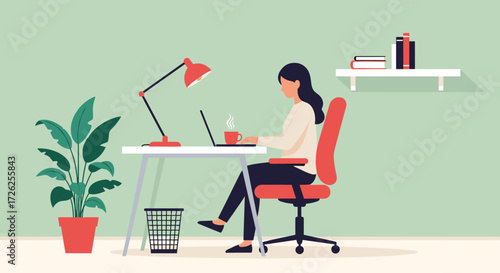A woman is working on her laptop at a desk with a plant and lamp.