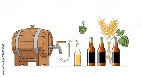 Exploring the ancient craft of brewing beer from grain to glass showcasing the fermentation process and final bottled product.