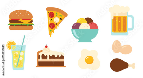 A collection of delicious food and drinks including burgers pizza ice cream and more for your design needs.