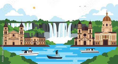 Scenic view of tranquil river with historic architecture and a majestic waterfall.