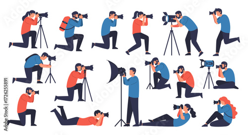 Illustrations of photographers capturing images with their cameras and equipment.