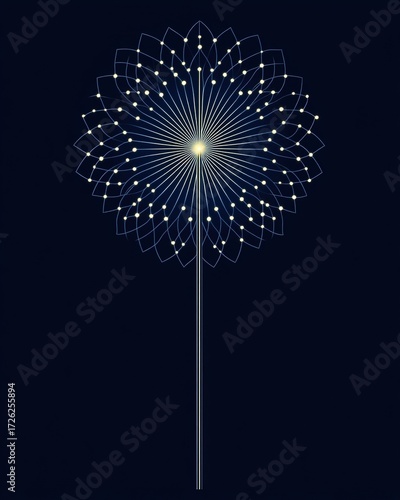 Stylized graphic of a glowing dandelion like structure with radiating lines and bright dots on a dark blue background
