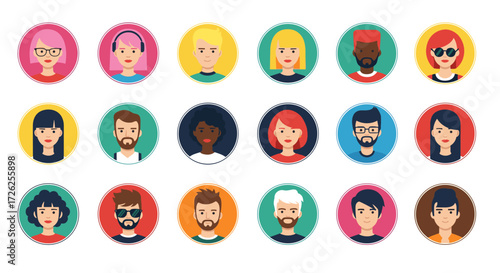 A vibrant collection of diverse cartoon avatars representing people from various backgrounds and ethnicities.
