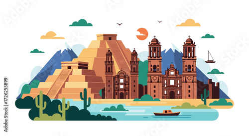 Ancient pyramid and colonial architecture illustration.