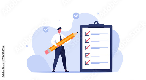 A businessman with a giant pencil is marking items on a checklist on a clipboard.