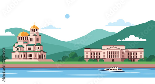 A picturesque landscape featuring religious and governmental architecture beside a serene river.