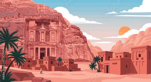 An ancient desert city carved into sandstone cliffs under a bright sun.