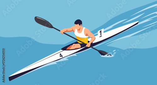 An athlete competes in a kayak race on a clear blue day.