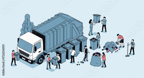 A team of workers collecting trash and loading it into a sanitation truck.