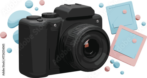 Digital camera, black lens, photo slides, abstract shapes, pastel colors, retro theme, photography gear, creative design, memory, visual storytelling