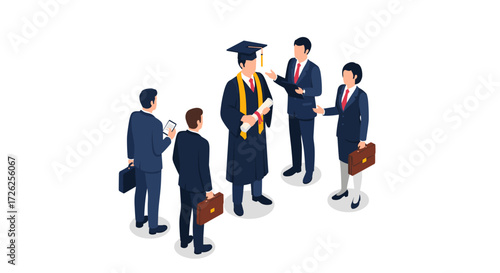 A group of business professionals congratulate a recent graduate holding a diploma and wearing a cap and gown.