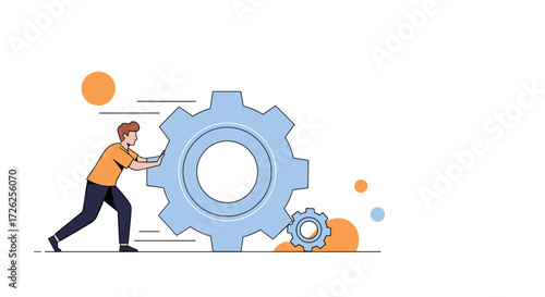 A man is pushing a large gear, symbolizing the drive for progress and operational efficiency.