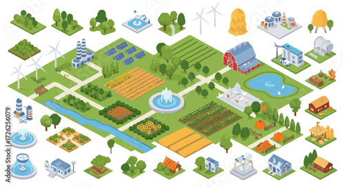 Illustrations of eco-friendly rural and urban landscapes in isometric view.