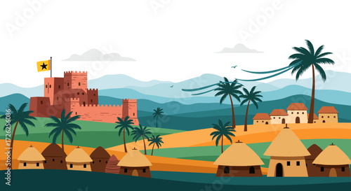 An illustrated landscape depicts a historical castle and traditional thatched-roof huts surrounded by lush greenery and palm trees.