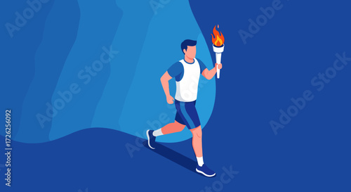 A male athlete runs while holding a flaming torch during a sporting event.