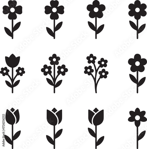 Floral Variety: An artful presentation of floral silhouettes, each bloom a study in elegant simplicity, offering a minimalist aesthetic with diverse shapes.