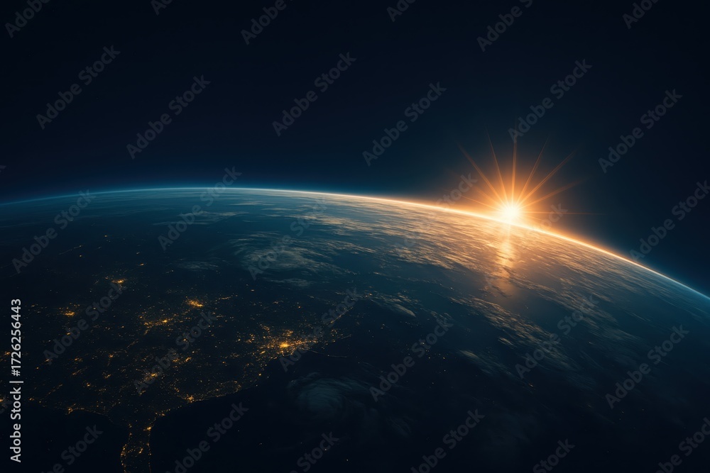 Fototapeta premium Earth horizon from orbit with sunrise glow and city lights across night side