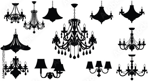Collection of ornate chandeliers in various styles a dark silhouette