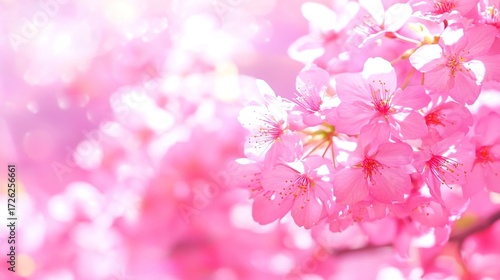 Close up vibrant pink cherry blossoms blooming under bright daylight with a soft bokeh background