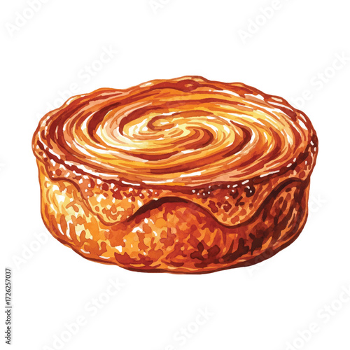Watercolor Kouign-Amann Vector Illustration Isolated on White Background, French Caramelized Pastry Dessert Clipart for Bakery, Patisserie, and Culinary Design
