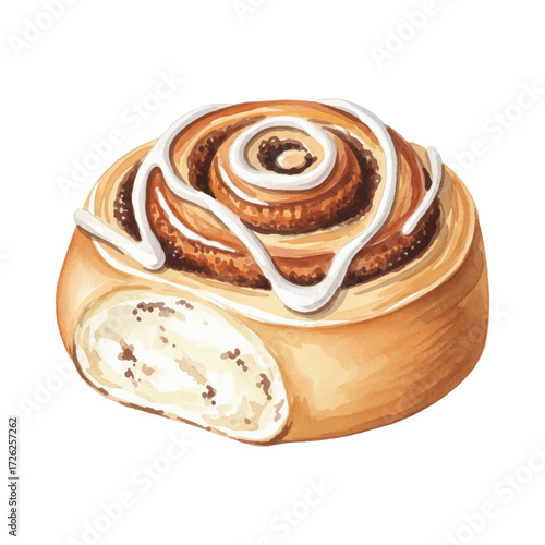 Watercolor vector illustration of sweet cinnamon roll pastry with icing on white background, delicious bakery dessert clipart
