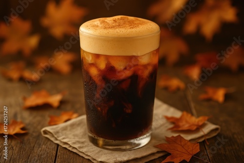 Iced pumpkin cream cold brew in clear glass with silky spiced foam autumn leaves and warm golden light on rustic wood tabletop cozy seasonal beverage
