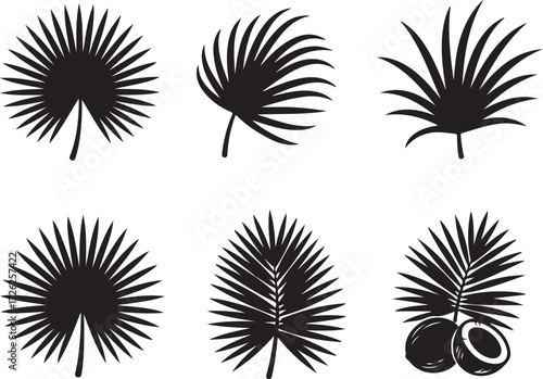Tropical Leaf Variety: A collection of elegant black silhouettes of tropical leaves. Each leaf presents its own unique shape and detail, all set against a neutral background for versatility.