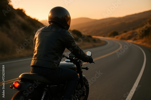Motorcyclist in matte helmet leans into a mountain road curve at golden sunset