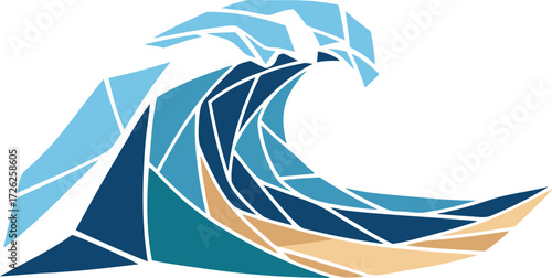 Illustration of a blue ocean wave shown in a dynamic mosaic geometric style with layered shapes, suitable for water, surf, and marine themes