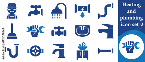 Heating and plumbing icon set, fire extinguishing system, barrier, circulation, protective armature, warm floor, bath, washbasin, ventilation, design, filter, thermostat, radiator, leak, sink, toilet,