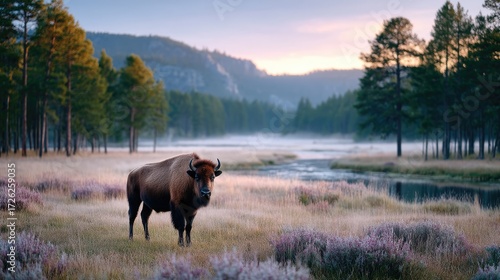 Buffalo Standing in a Meadow at Dusk with Mountain Backdrop and Fog Cinematic HDR