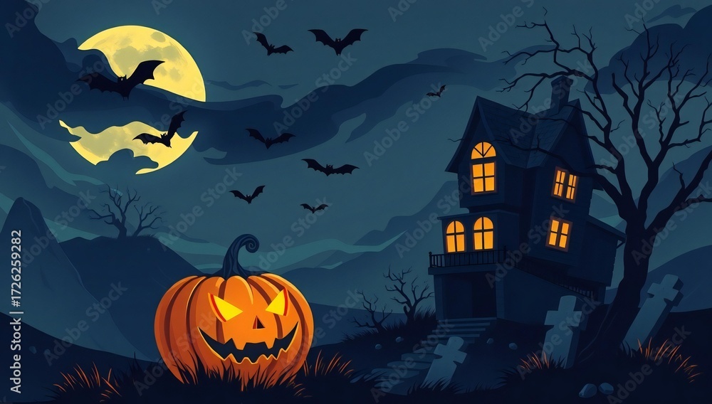 Fototapeta premium Spooky halloween night with haunted house glowing pumpkin and bats flying