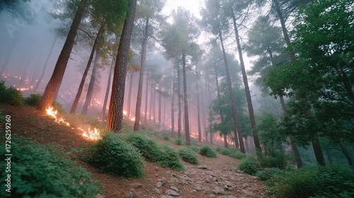 Burning Forest Trees with Dramatic Smoke and Orange Glow in Atmospheric Wildfire at Daytime