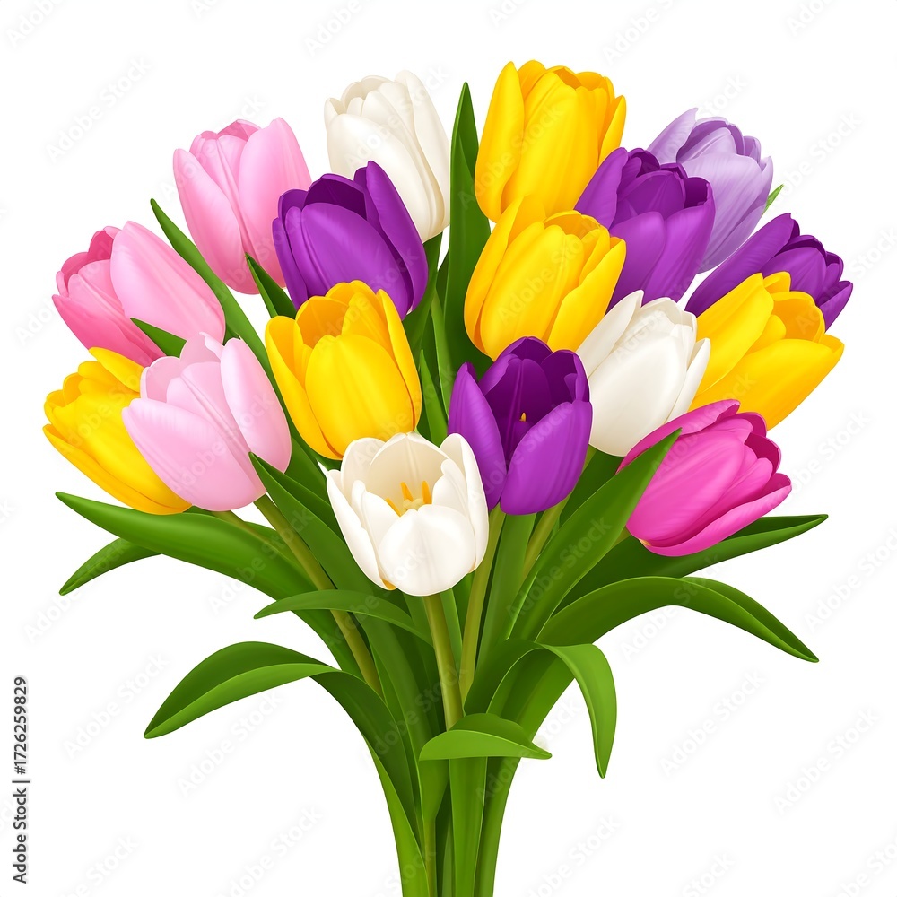 Naklejka premium Vibrant bouquet of multicolored tulips on white background