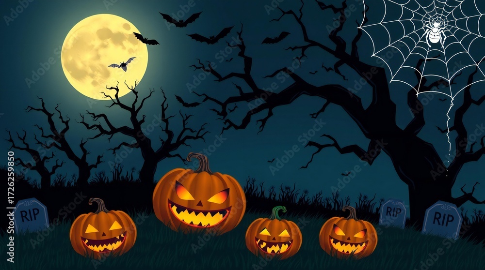 Fototapeta premium Spooky halloween night with carved pumpkins and full moon