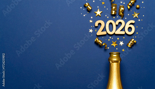 New Year's 2026 Celebration: A champagne bottle erupts with golden confetti and the year 2026, against a backdrop of deep blue, heralding a festive welcome to the future.