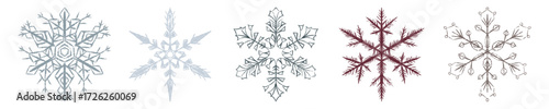 Chalk drawn snowflakes. Hand sketched crayon style frosty crystals isolated on white. Winter doodle textured decoration, simple ornamental design for Christmas and seasonal art. Vector illustration.