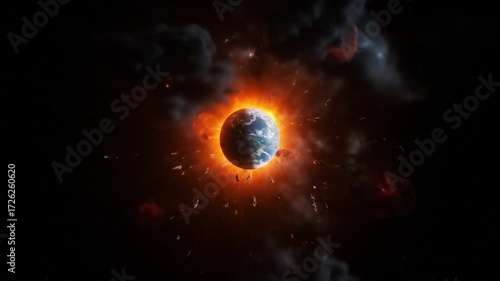 A dramatic explosion in space surrounding Earth, filled with fire and smoke.