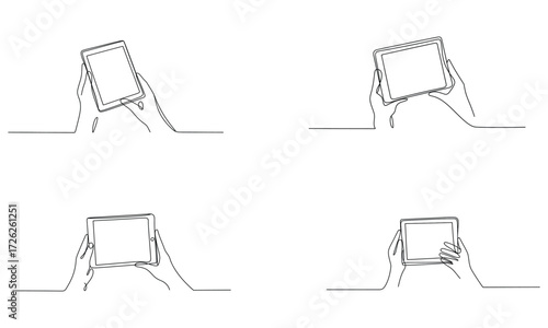 Hands holding tablet line art illustration for digital device concept
