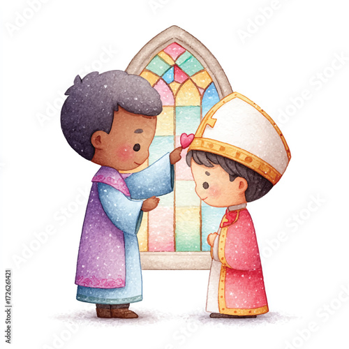 Religious ceremony of blessing and anointing of a young boy.