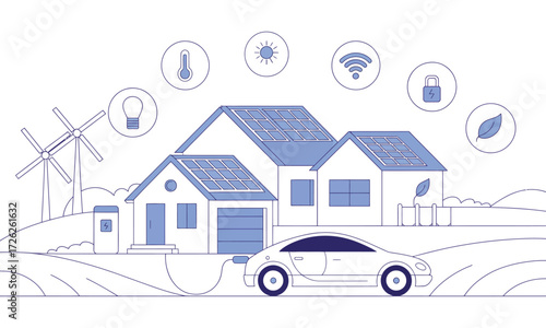 Eco smart houses with solar panels wind turbines and electric car
