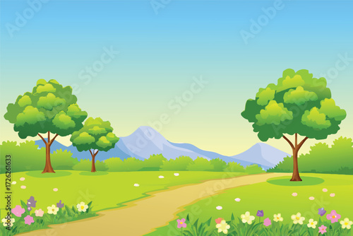 A peaceful landscape with winding path green trees and distant mountains