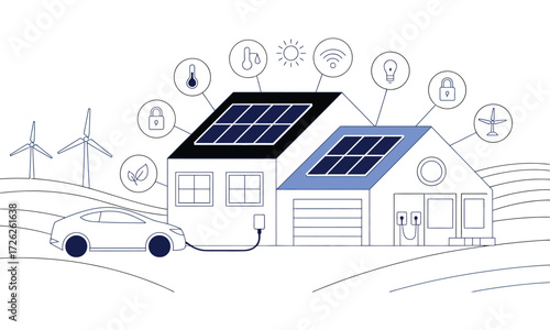 Smart home with solar panels electric car and renewable energy system
