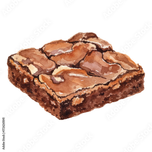 Watercolor vector illustration of chocolate brownies dessert on white background, sweet baked pastry clipart
